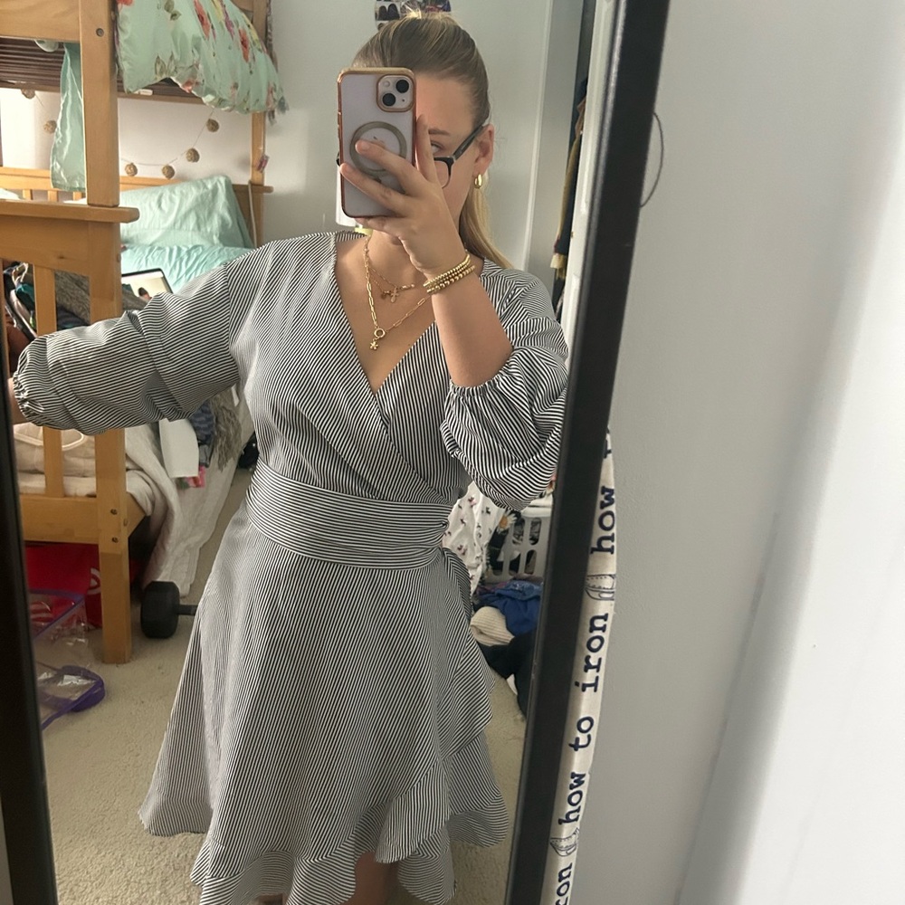 Elegant Striped Wrap Dress With Tie